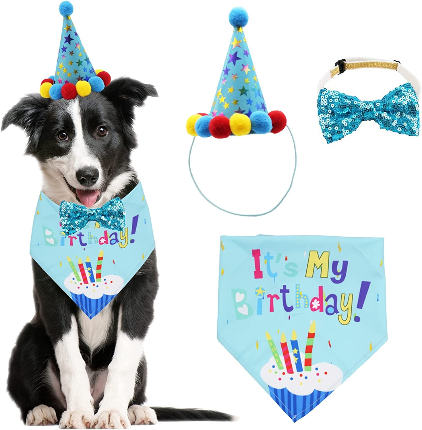 ADOGGYGO Dog Birthday Bandana Scarf and Dog Girl Boy Birthday Party Hat with Cute Dog Bow Tie for Small Medium Large Dog Pet (Large, Blue) Animals & Pet Supplies > Pet Supplies > Dog Supplies > Dog Apparel ADOGGYGO Blue X-Large 