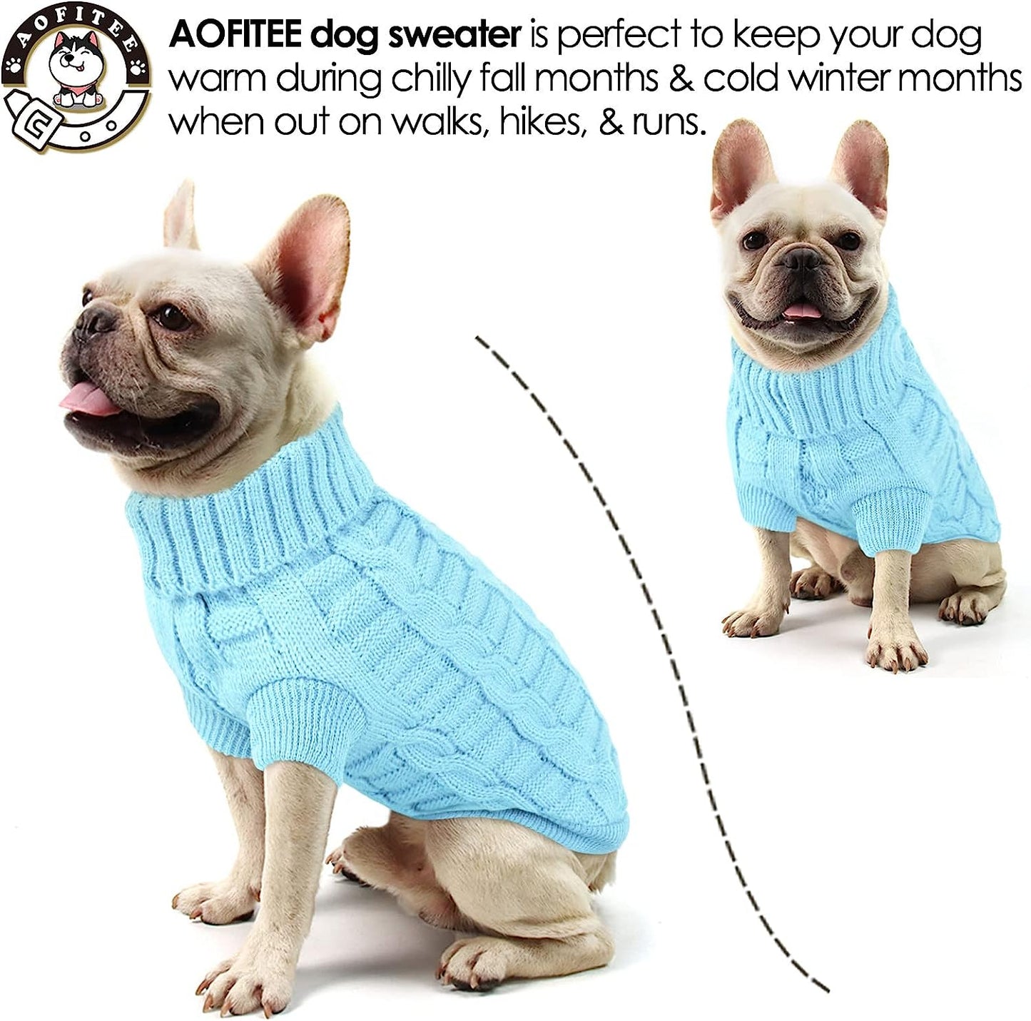 AOFITEE Dog Sweater, Knitted Dog Sweaters for Small Dogs, Cold Weather Turtleneck Dog Knitwear, Dog Christmas Sweater Doggie Winter Coat, Classic Solid Color Sweatshirt for Small Dogs Cats, Blue M Animals & Pet Supplies > Pet Supplies > Dog Supplies > Dog Apparel AOFITEE   