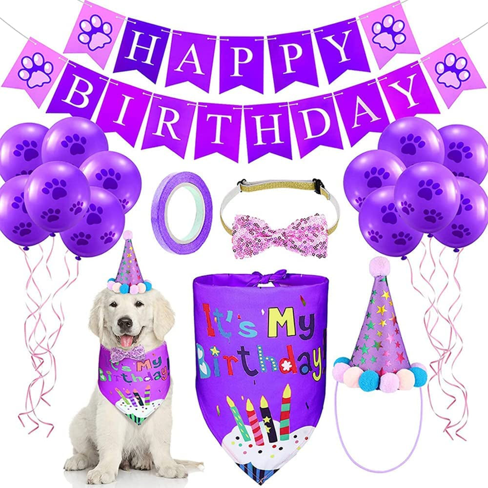 ACSUZ Purple Dog Birthday Decorations Happy Birthday Banner Bandana Scarf Bowtie Hat and Paws Prints Ballons Sets Animals & Pet Supplies > Pet Supplies > Dog Supplies > Dog Apparel ACSUZ   