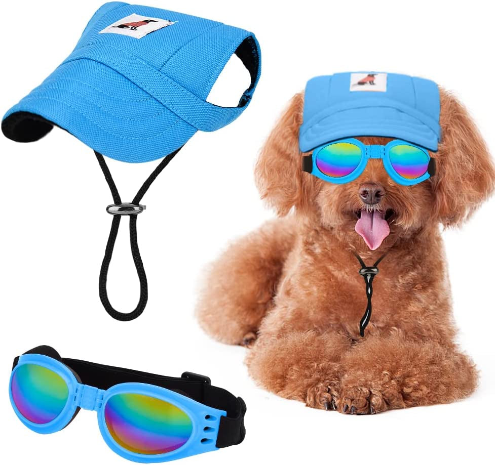 Sebaoyu Dog Hat and Sunglasses Summer Dog Baseball Cap Pet Puppy Visor Hats Sunbonnet Outfit with Ear Holes Doggy Cat Goggles for Small Medium Breed (Sky Blue, Small) Animals & Pet Supplies > Pet Supplies > Dog Supplies > Dog Apparel Sebaoyu Sky Blue Small 