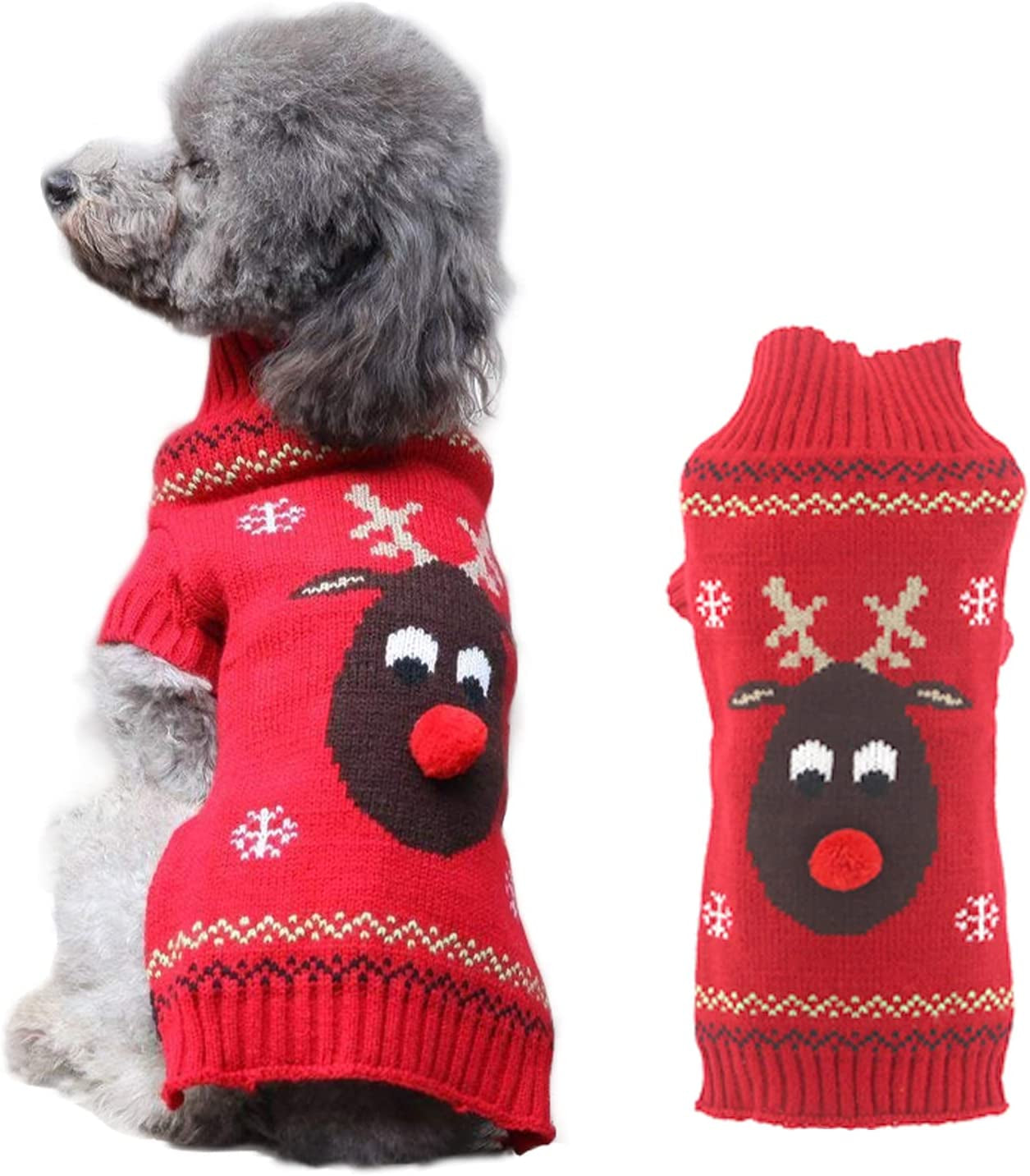 TENGZHI Dog Christmas Sweater Ugly Xmas Puppy Clothes Costume Warm Knitted Cat Outfit Jumper Cute Reindeer Pet Clothing for Small Medium Large Dogs Cats（S,Black） Animals & Pet Supplies > Pet Supplies > Dog Supplies > Dog Apparel Yi Wu Shi Teng Zhi Dian Zi Shang Wu You Xian Gong Si Red Reindeer XX-Small 