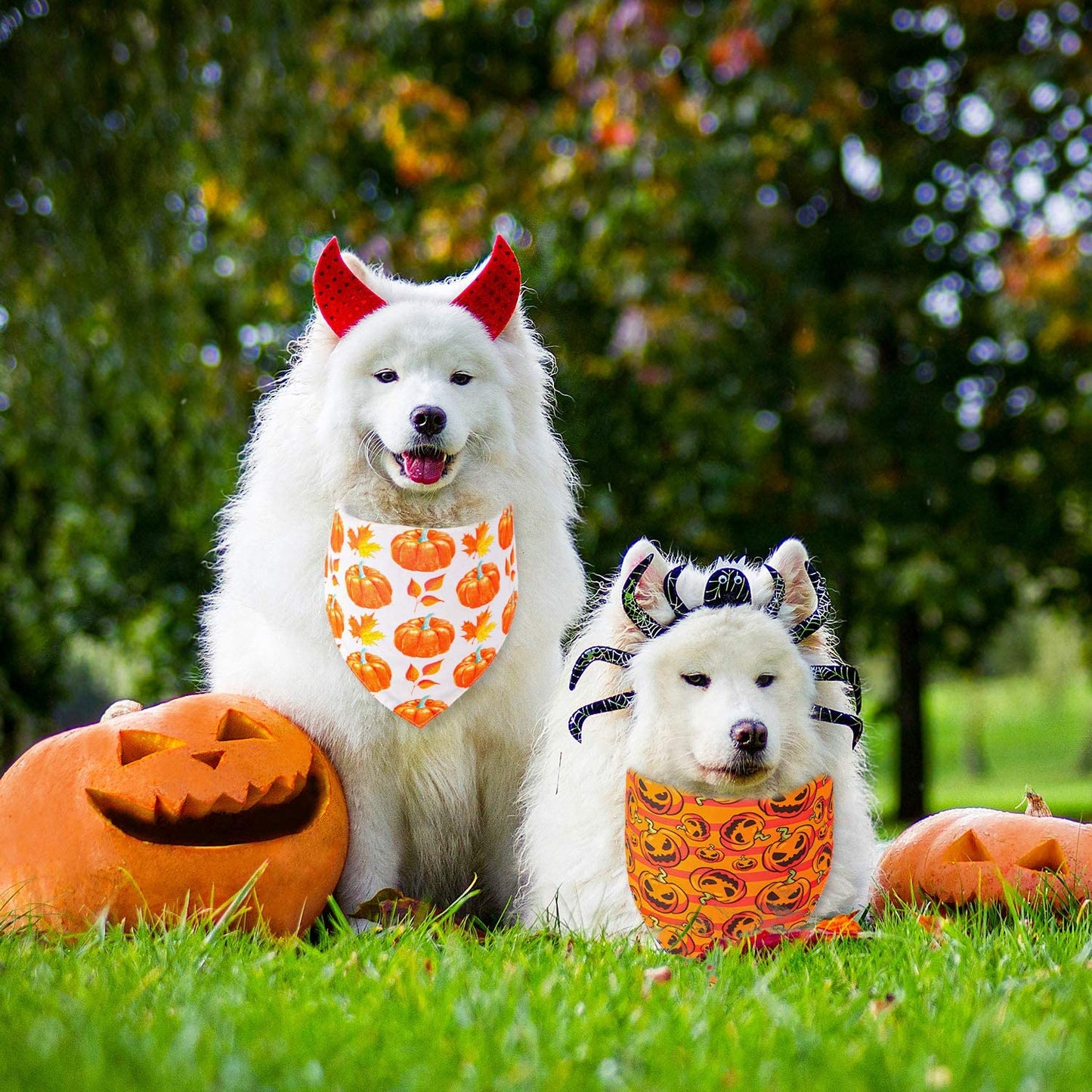 Whaline 4 Pack Autumn Dog Bandanas Reversible Halloween Fall Triangle Bibs Pumpkin Ghost Bat Pet Scarf Washable Cotton Pet Neckerchief for Medium Large Pets Cats Dogs Animals & Pet Supplies > Pet Supplies > Dog Supplies > Dog Apparel Whaline   