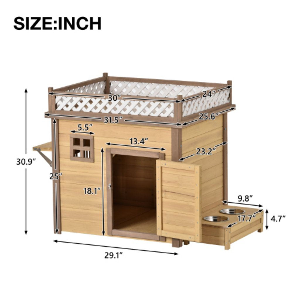 Cmgb 31.5” Wooden Dog House Puppy Shelter Kennel Outdoor & Indoor Dog Crate, with Flower Stand, Plant Stand, with Wood Feeder，Natural Animals & Pet Supplies > Pet Supplies > Dog Supplies > Dog Houses CMGB   