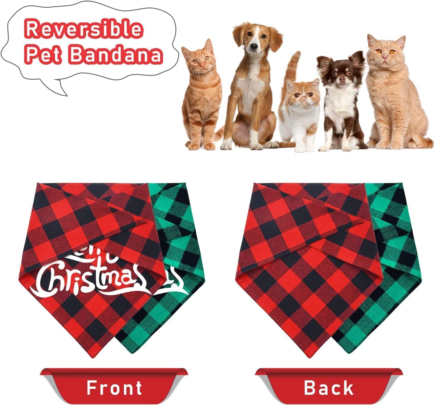 Yoochee 2 Pack Dog Christmas Bandana, Classical Buffalo Plaid Pet Bandana, Reversible Scarf Triangle Bibs Kerchief Set (2 Pack, Red&Green, Merry Chrismas Pattern) Animals & Pet Supplies > Pet Supplies > Dog Supplies > Dog Apparel Yodofol   