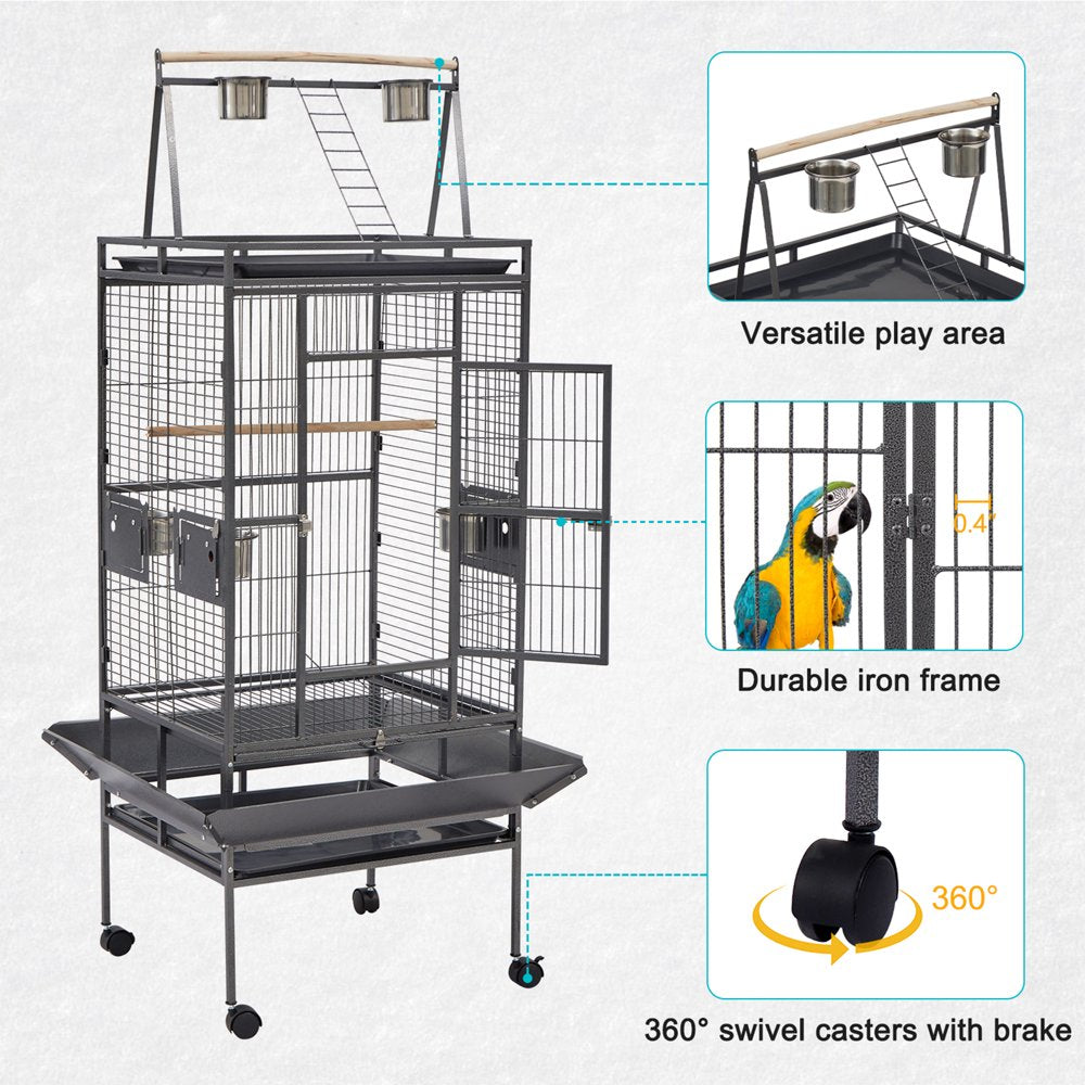 Kinbor 68" Bird Cage Opening Play Top Perch with Rolling Stand Castor Wheels Feeding Bowl for Parrot Cockatiel Finch Pet House Black Animals & Pet Supplies > Pet Supplies > Bird Supplies > Bird Cages & Stands Kinbor   