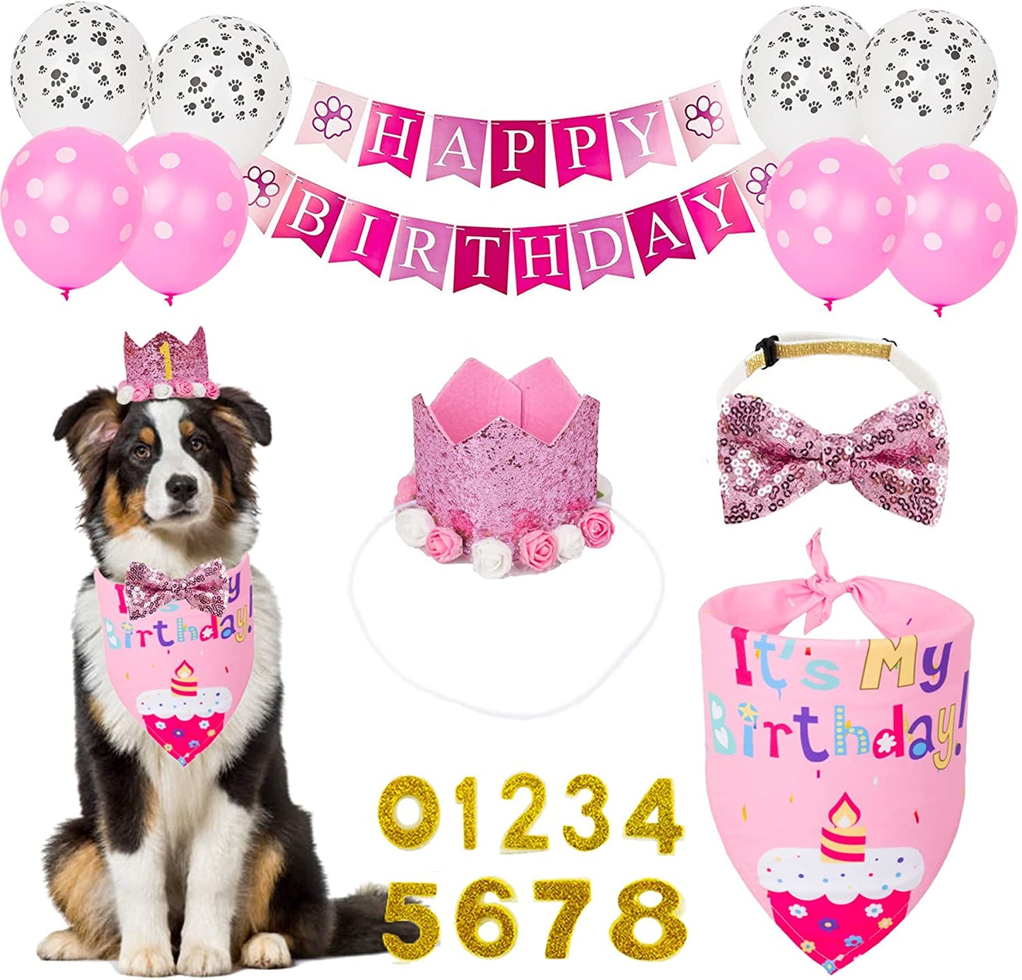 PTDECOR Dog Birthday Bandana Hat Set, Birthday Girl Dog Hat Scarf Bow Tie Happy Birthday Banner Balloon Dog First Birthday Party Supplies Decorations (Pink) Animals & Pet Supplies > Pet Supplies > Dog Supplies > Dog Apparel PTDECOR   