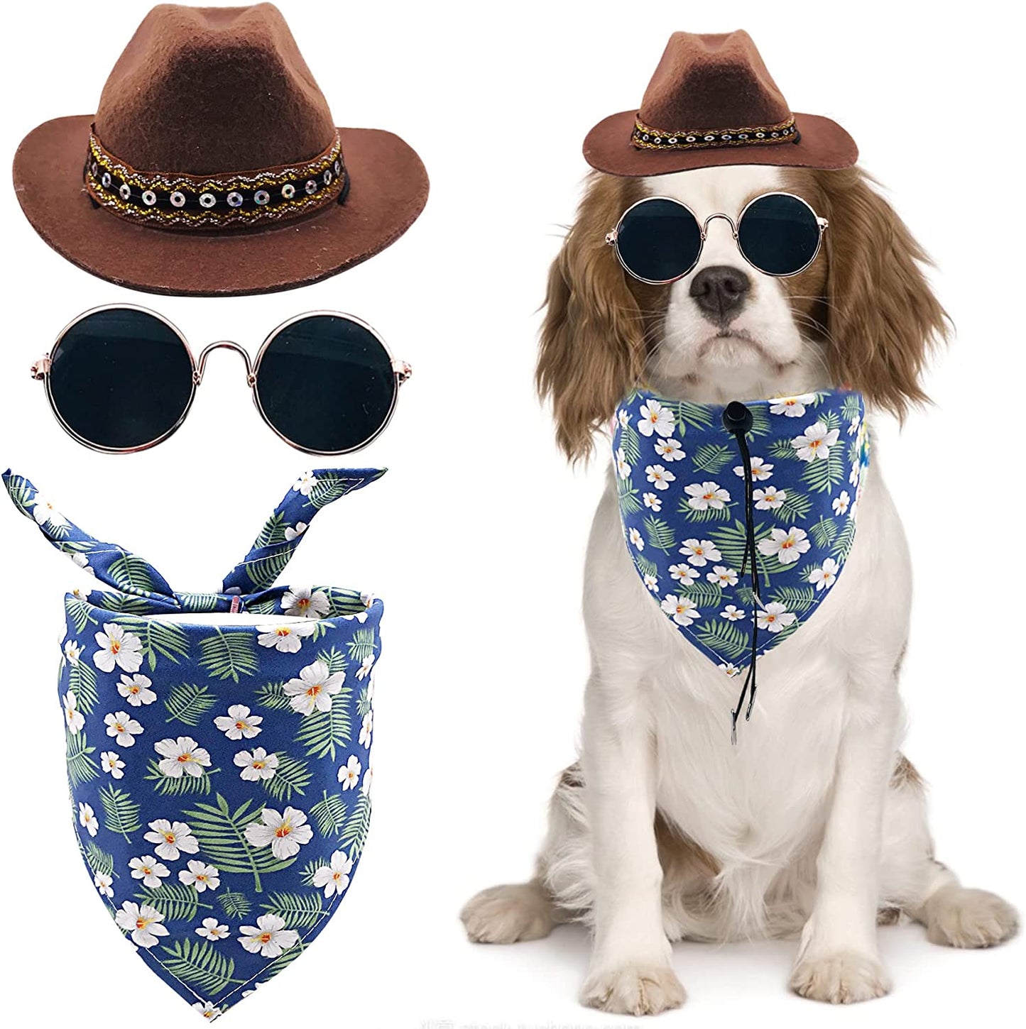 Pai Sence 3Pcs Brown Dog Cowboy Hat Floral Bandana Triangle Scarf Fashion Sunglasses West Cowboy Costume Accessories Set for Small Medium Puppy Dogs Cats Kitten Hawaii Festival Party Daily Wearing Animals & Pet Supplies > Pet Supplies > Dog Supplies > Dog Apparel Paixiu   