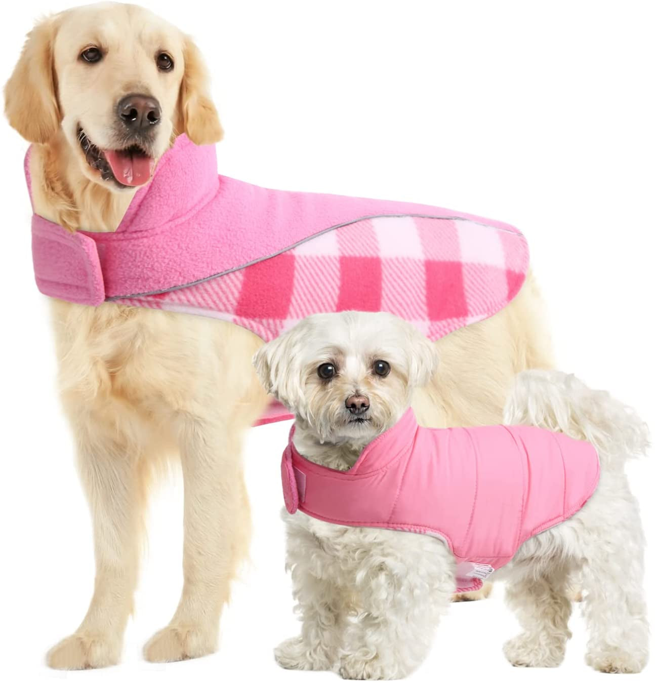 SUNFURA Reflective Dog Cold Weather Coat, British Style Plaid Reversible Waterproof Windproof Pet Winter Warm Vest, Cozy Cotton Lined Stand-Up Collar Outdoor Jacket Apparel for Small Medium Large Dogs Animals & Pet Supplies > Pet Supplies > Dog Supplies > Dog Apparel SUNFURA Pink XXXL (Back: 25.9'', Chest: 33.8''-42.5'') 