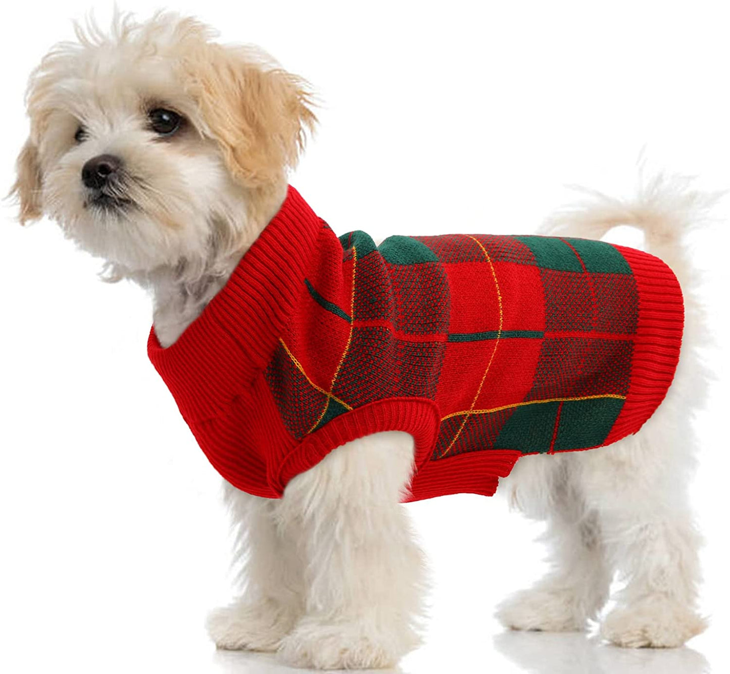 Classic Plaid Dog Sweater with Leash Hole, Warm Stretchy Knitwear for Small Medium Dog, Soft Jacquard Knit Pullover with Elastic High Collar for Spring Fall Winter Christmas Cold Weather Daily Wear Animals & Pet Supplies > Pet Supplies > Dog Supplies > Dog Apparel PUMYPOREITY Red/Green X-Small 