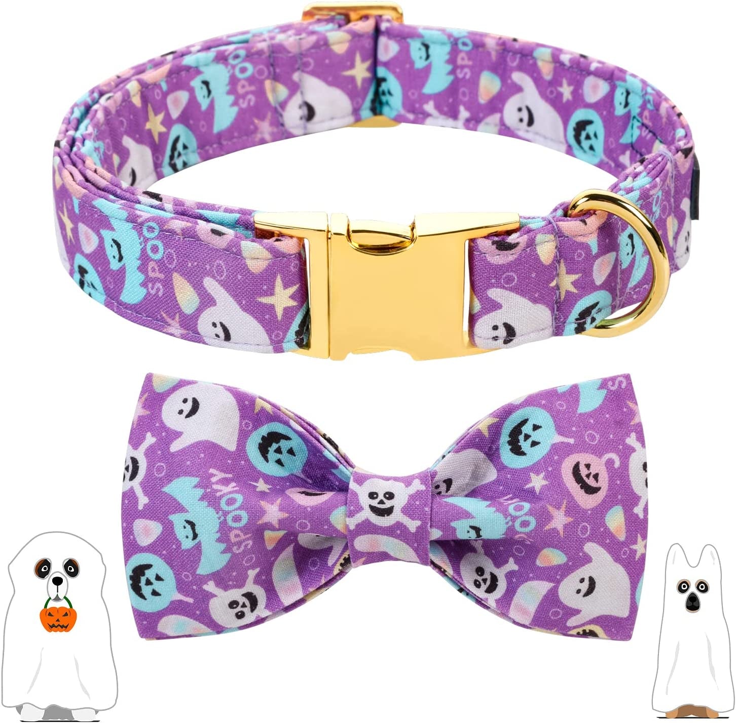 Maca Bates Dog Collar with Bow Tie- Adjustable Bows for Puppy Dogs with Metal Buckle Collar, Thanksgiving Day Halloween Dog Collar Bowtie for Small Medium or Large Boy and Girl Dog and Cat Animals & Pet Supplies > Pet Supplies > Dog Supplies > Dog Apparel M MACA BATES purple ghost bow Medium 