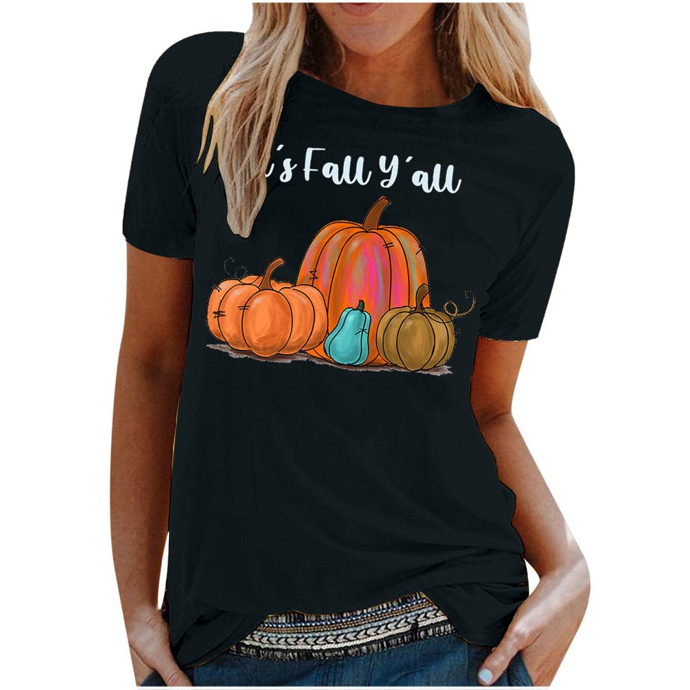 It'S Fall Y'All Women Tops Short Sleeve Pumpkin Graphic Tees Shirts 2022 round Neck Cute T-Shirt Animals & Pet Supplies > Pet Supplies > Cat Supplies > Cat Apparel BRKEWI B-Black S 