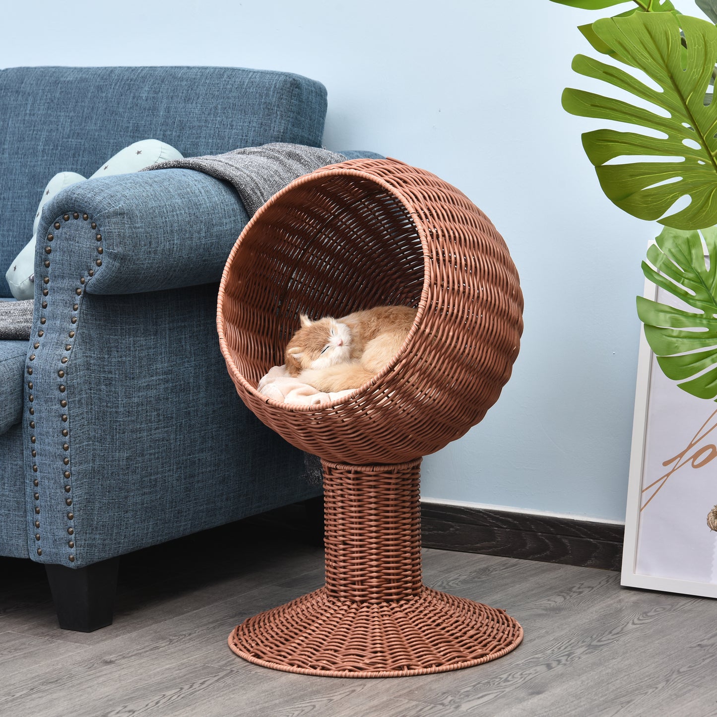 Pawhut 27" Rattan Wicker Elevated Pet Bed Cat Cave Condo Hooded Cushion