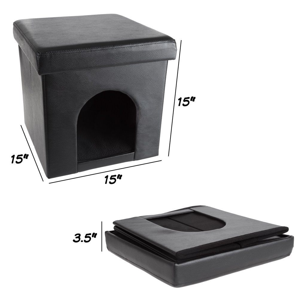 Petmaker 80-PET6109 Pet House Ottoman Collapsible Multipurpose Cat or Small Dog Bed&#44; Faux Leather - Black