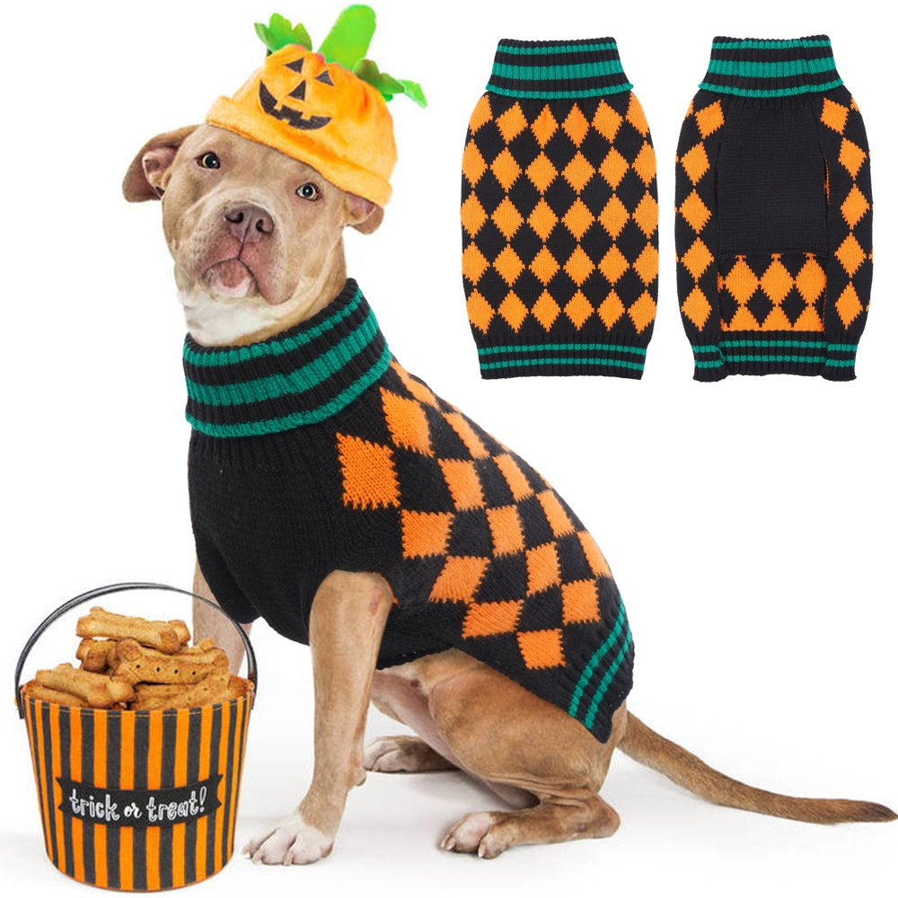 QBLEEV Pet Clothes the Halloween Orange Plaid Dog Sweater, Dog Knitwear Apparel, Pet Sweatshirt for Small and Medium Dogs Animals & Pet Supplies > Pet Supplies > Dog Supplies > Dog Apparel QBLEEV XL  
