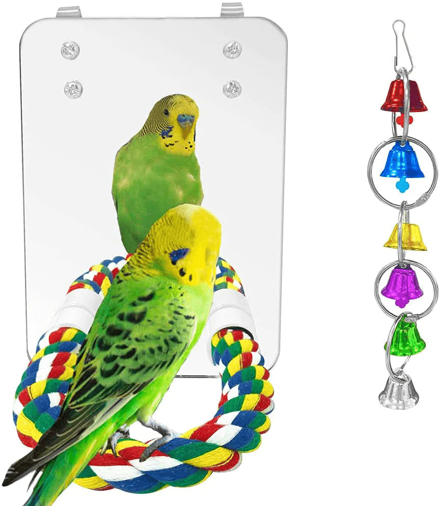 Eeaivnm 7 Inch Pet Bird Mirror Swing Parrot Cage Toys with Rope Perch, Parrot Parakeet Mirror with Bird Swing Bell Toys for Parakeet Cockatoo Cockatiel Conure Lovebirds Finch Canaries Animals & Pet Supplies > Pet Supplies > Bird Supplies > Bird Toys Eeaivnm   