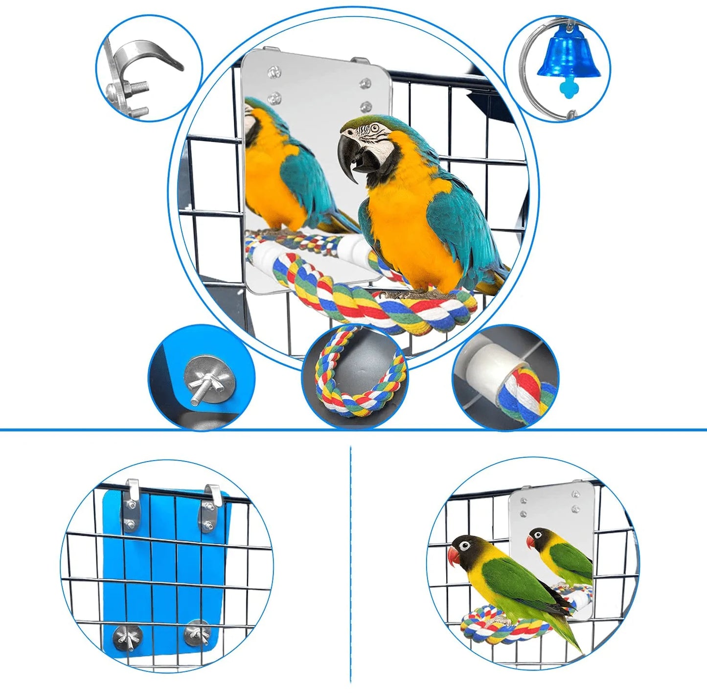 Eeaivnm 7 Inch Pet Bird Mirror Swing Parrot Cage Toys with Rope Perch, Parrot Parakeet Mirror with Bird Swing Bell Toys for Parakeet Cockatoo Cockatiel Conure Lovebirds Finch Canaries