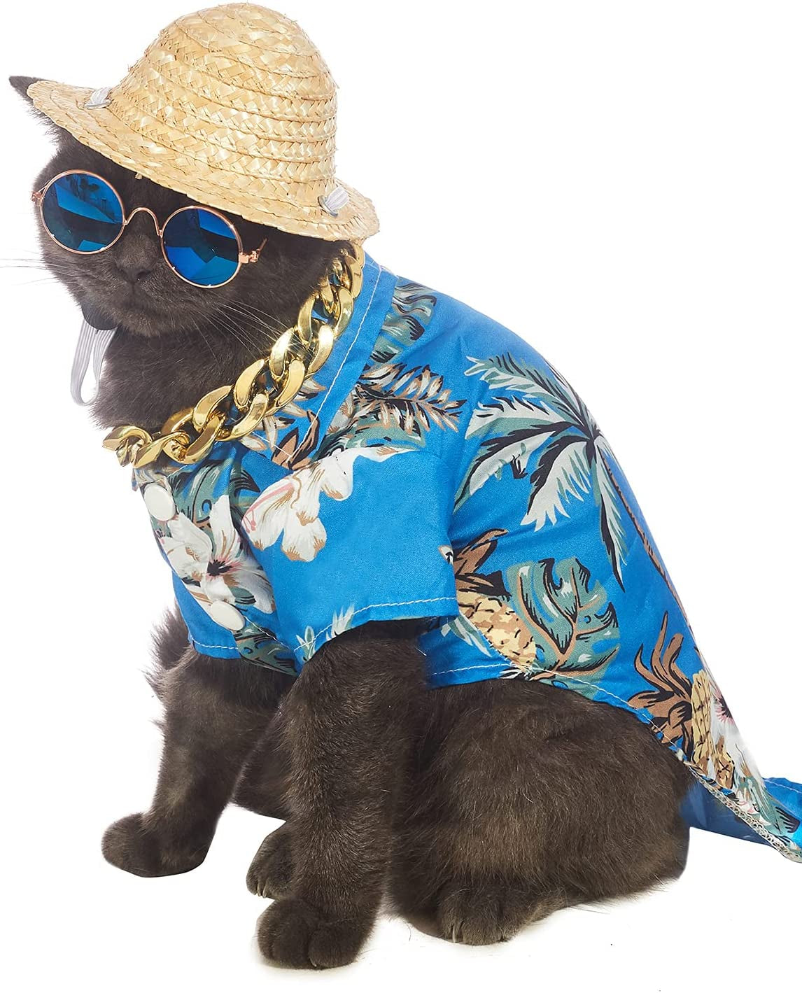 Impoosy Hawaiian Dog T Shirts Pet Summer Clothes Cat Sunglasses Funny Straw Hat Kitten Costumes with Gold Chain Collar (Large,Blue) Animals & Pet Supplies > Pet Supplies > Dog Supplies > Dog Apparel Impoosy   