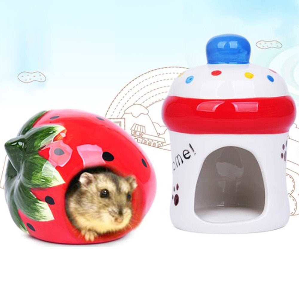Sugeryy Ceramic Cartoon Strawberry Shape Hamster House Home Summer Cool Small Animal Pet Nesting Habitat Cage Accessories