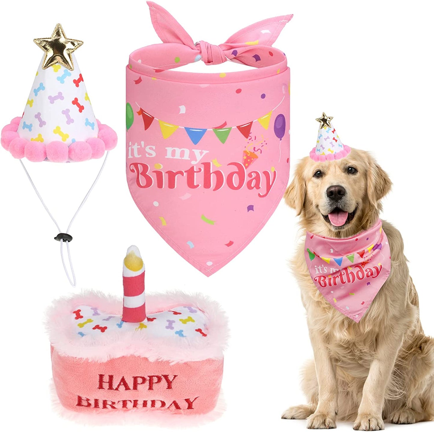 EXPAWLORER Dog Birthday Outfit - Cute Hat Bandana Scarf and Squeaky Cake Dog Toy for Birthday Party Supplies Gift, Great Party Decorations for Small Medium Large Dogs Girl Pink