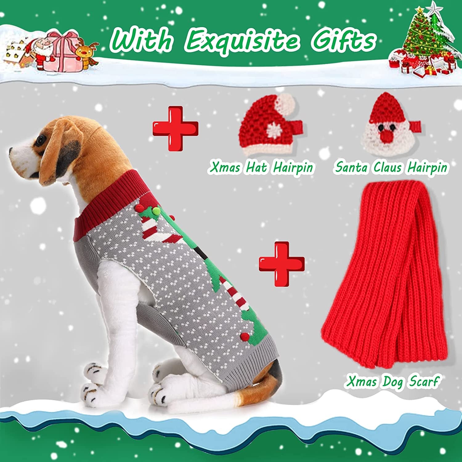 SGQCAR 4Pieces Ugly Christmas Dog Sweater with Scarf and Hairpin Xmas Pet Dog Winter Knitwear Elf Dog Clown Sweaters Holiday and Party for Small Medium Dogs Cat Animals & Pet Supplies > Pet Supplies > Dog Supplies > Dog Apparel SGQCAR-PET   