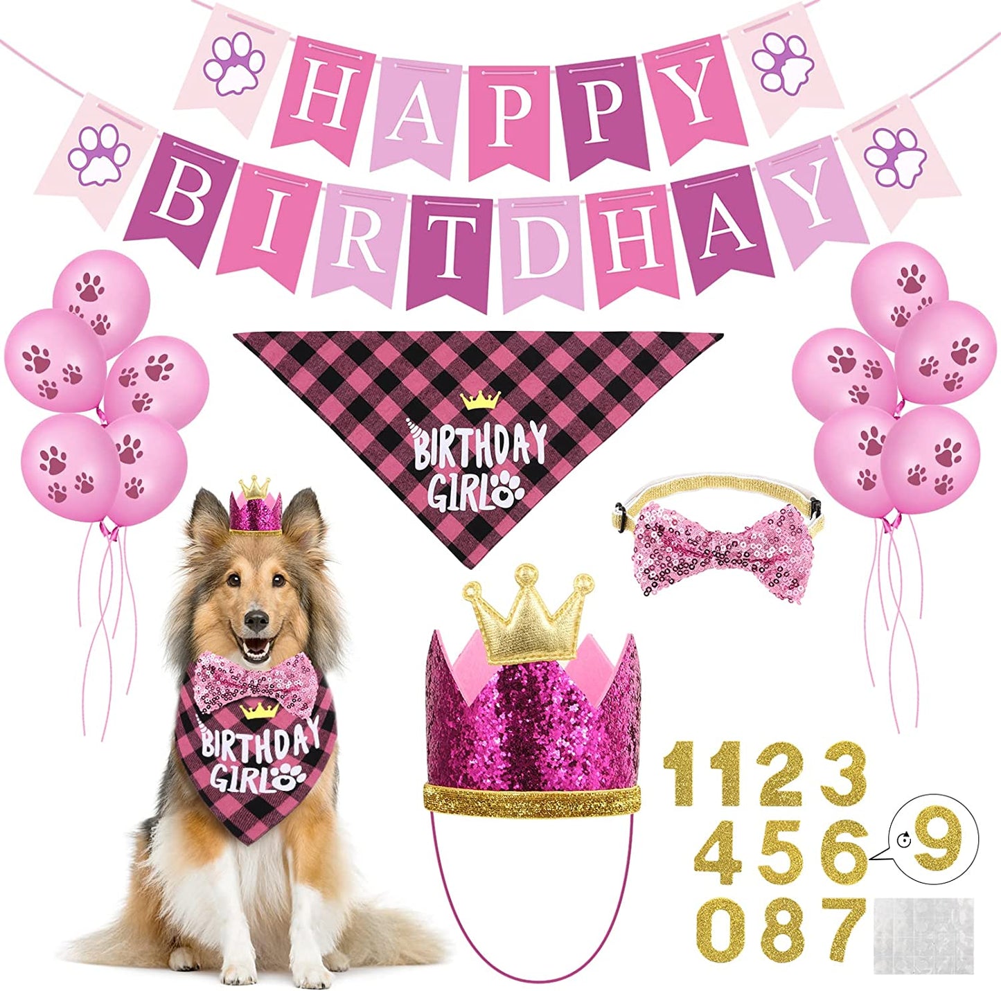 Selemoy Dog Birthday Party Supplies, Dog Birthday Hat Bandana Scarf with Cute Dog Bow Tie, Flag, Balloons for Small Medium Dogs Pets, Doggie Birthday Party Supplies Decorations Animals & Pet Supplies > Pet Supplies > Dog Supplies > Dog Apparel Selemoy Pink  