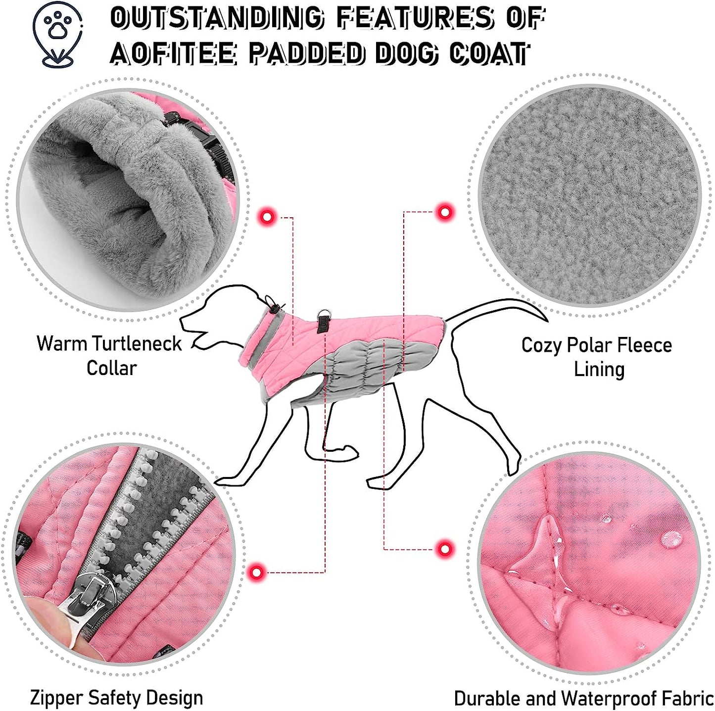 AOFITEE Winter Dog Coat Warm Fleece Dog Jacket for Cold Weather, Reflective Zip up Puppy Dog Snowproof Vest with Leash Ring, Outdoor Pet Sweater Snowsuit Apparel for Small Medium Large Dogs, Pink L Animals & Pet Supplies > Pet Supplies > Dog Supplies > Dog Apparel AOFITEE   