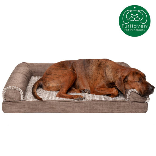 Furhaven Pet Products | Memory Foam Luxe Fur & Performance Linen Sofa-Style Couch Pet Bed for Dogs & Cats, Woodsmoke, Large