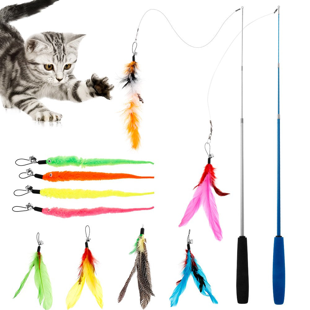 ODOMY Cat Toys Interactive Cat Feather Wand, Kitten Toys Retractable Cat Wand Toy 12Pcs Natural Feather Teaser Replacements Telescopic Cat Fishing Pole Toy for Indoor Kitty Old Cat Exercise Animals & Pet Supplies > Pet Supplies > Cat Supplies > Cat Toys ODOMY   