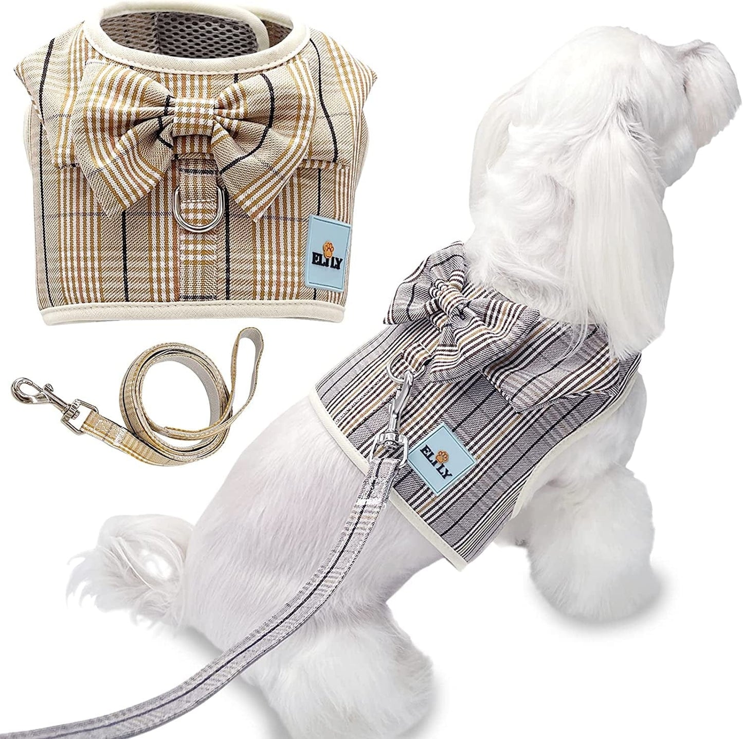 ELILY Dog Harness with Leash Set. Plaid Vest Harness with Bowknot. Soft Breathable Mesh Harness for Small Dog Cat Puppy (M, Beige-Vest) Animals & Pet Supplies > Pet Supplies > Dog Supplies > Dog Apparel ELILY Beige-Vest Medium 