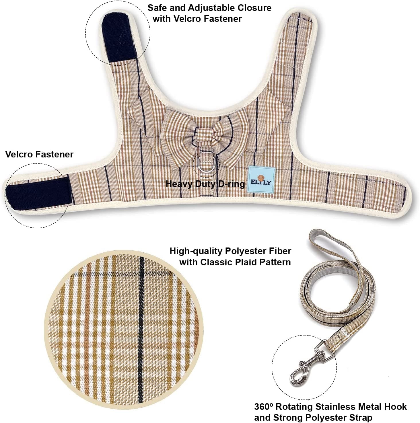 ELILY Dog Harness with Leash Set. Plaid Vest Harness with Bowknot. Soft Breathable Mesh Harness for Small Dog Cat Puppy (M, Beige-Vest) Animals & Pet Supplies > Pet Supplies > Dog Supplies > Dog Apparel ELILY   