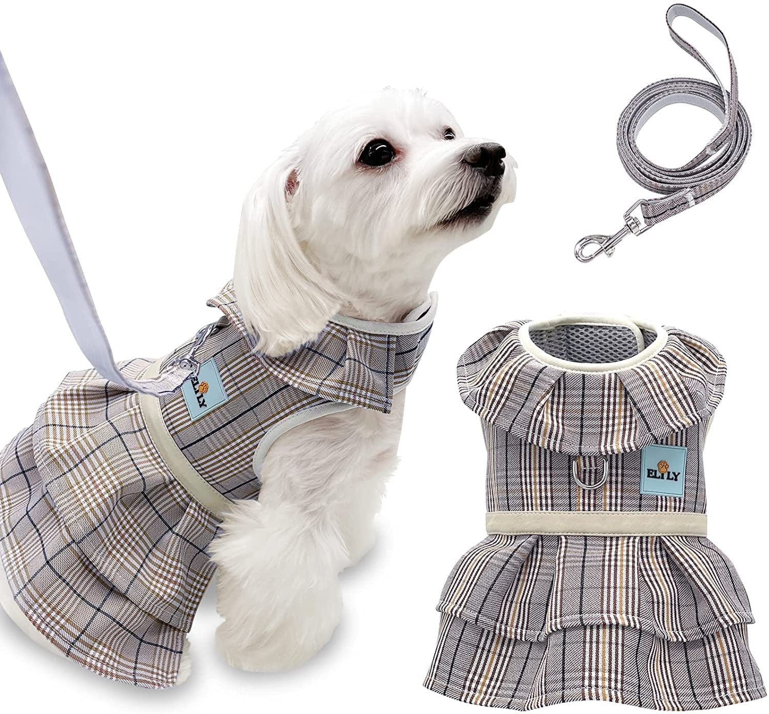 ELILY Dog Harness with Leash Set. Plaid Vest Harness with Bowknot. Soft Breathable Mesh Harness for Small Dog Cat Puppy (M, Beige-Vest) Animals & Pet Supplies > Pet Supplies > Dog Supplies > Dog Apparel ELILY Grey-Dress Medium 