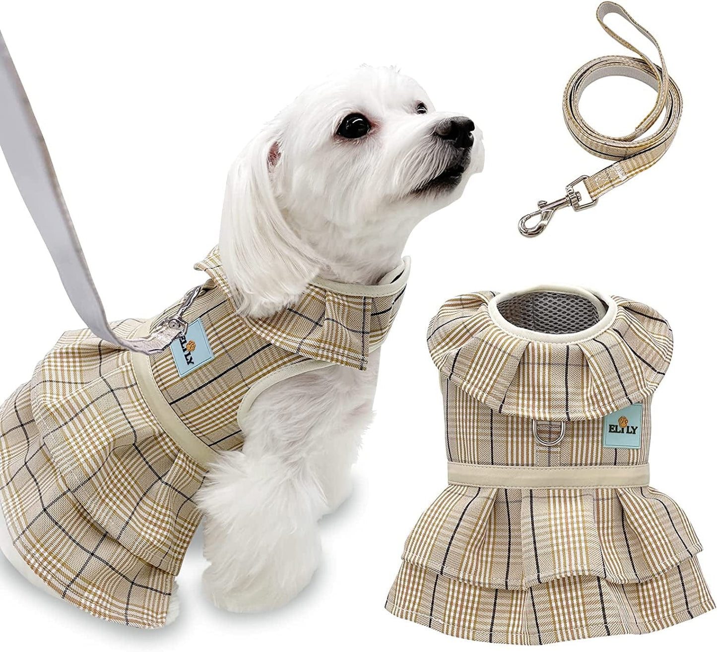 ELILY Dog Harness with Leash Set. Plaid Vest Harness with Bowknot. Soft Breathable Mesh Harness for Small Dog Cat Puppy (M, Beige-Vest) Animals & Pet Supplies > Pet Supplies > Dog Supplies > Dog Apparel ELILY Beige-Dress Medium 