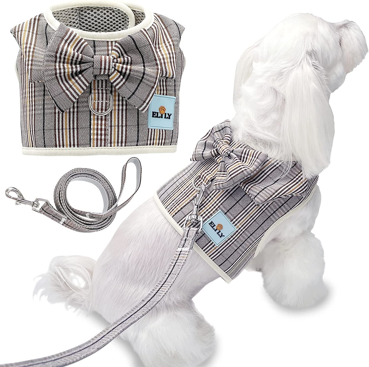 ELILY Dog Harness with Leash Set. Plaid Vest Harness with Bowknot. Soft Breathable Mesh Harness for Small Dog Cat Puppy (M, Beige-Vest) Animals & Pet Supplies > Pet Supplies > Dog Supplies > Dog Apparel ELILY Grey-Vest L 