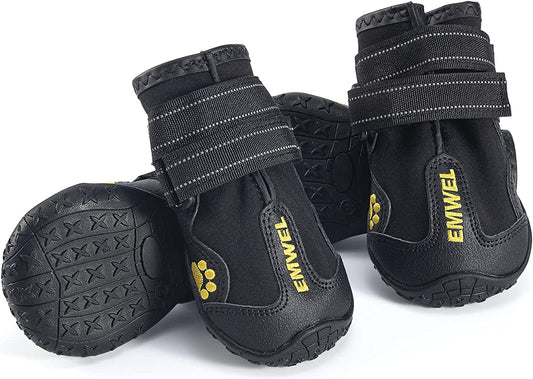 Emwel Dog Boots Size 4 (2.56"X2.36") (Wxl) Waterproof Boots for Dogs, Dog Booties with Anti-Slip Sole Reflective Straps, Outdoor Dog Shoes for Medium Large Dogs (Black 4PCS). Animals & Pet Supplies > Pet Supplies > Dog Supplies > Dog Apparel Emwel   