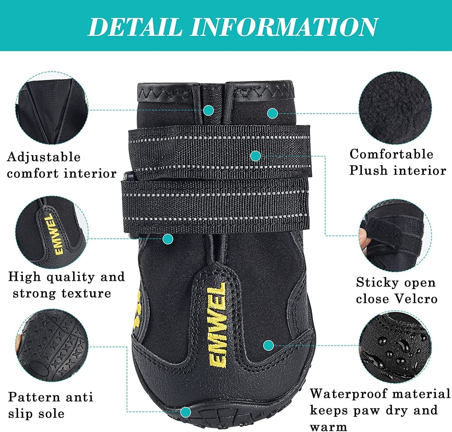 Emwel Dog Boots Size 4 (2.56"X2.36") (Wxl) Waterproof Boots for Dogs, Dog Booties with Anti-Slip Sole Reflective Straps, Outdoor Dog Shoes for Medium Large Dogs (Black 4PCS). Animals & Pet Supplies > Pet Supplies > Dog Supplies > Dog Apparel Emwel   
