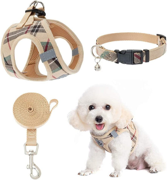 EXPAWLORER Classic Plaid Puppy Harness - Small Dog Collar and Leash - Soft Mesh Padded Adjustable Small Dog Vest Harness No Pull, Reflective Escape Proof for Outdoor Walking Animals & Pet Supplies > Pet Supplies > Dog Supplies > Dog Apparel Macroyard Khaki Small (3 Count) 