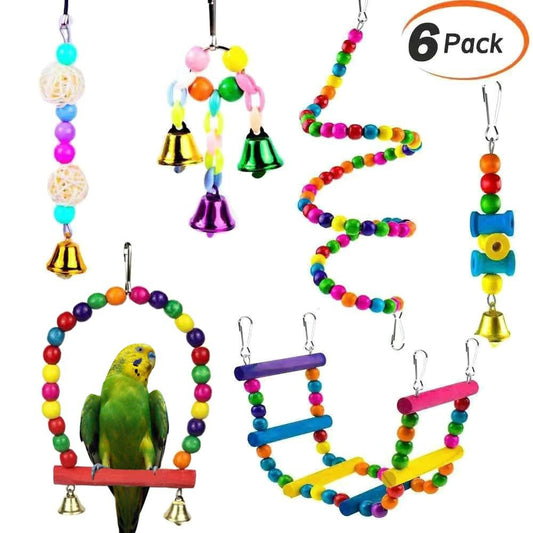 QBLEEV 6 Pcs Bird Parakeet Cockatiel Parrot Toys, Hanging Bell Pet Bird Cage Hammock Swing Toy Wooden Perch Chewing Toy for Small Parrots, Conures, Love Birds, Finches Animals & Pet Supplies > Pet Supplies > Bird Supplies > Bird Toys QBLEEV   