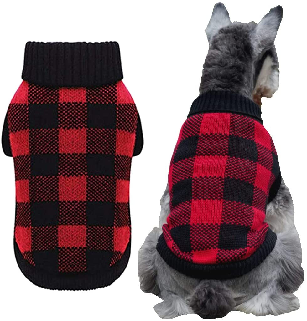 A&L Red Dog Sweater British Plaid Knitted Xmas Holiday Festive Turtleneck Pet Sweater for Small Dogs, Small (S) 12" Back Length Animals & Pet Supplies > Pet Supplies > Dog Supplies > Dog Apparel A&L Red Black Plaid Small Back length 12" 