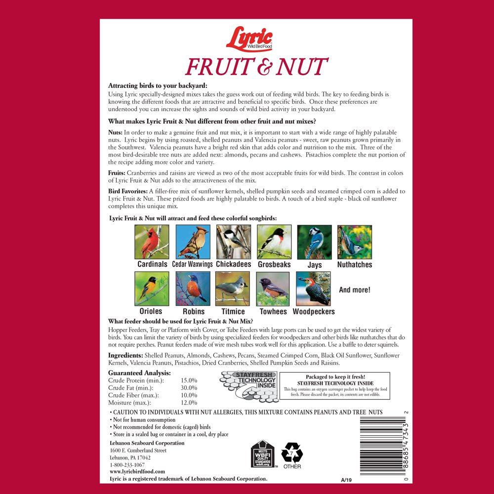 Lyric Fruit and Nut Wild Bird Seed, High Energy Wild Bird Food Mix, 5 Lb. Bag Animals & Pet Supplies > Pet Supplies > Bird Supplies > Bird Food Lebanon Seaboard Corporation   