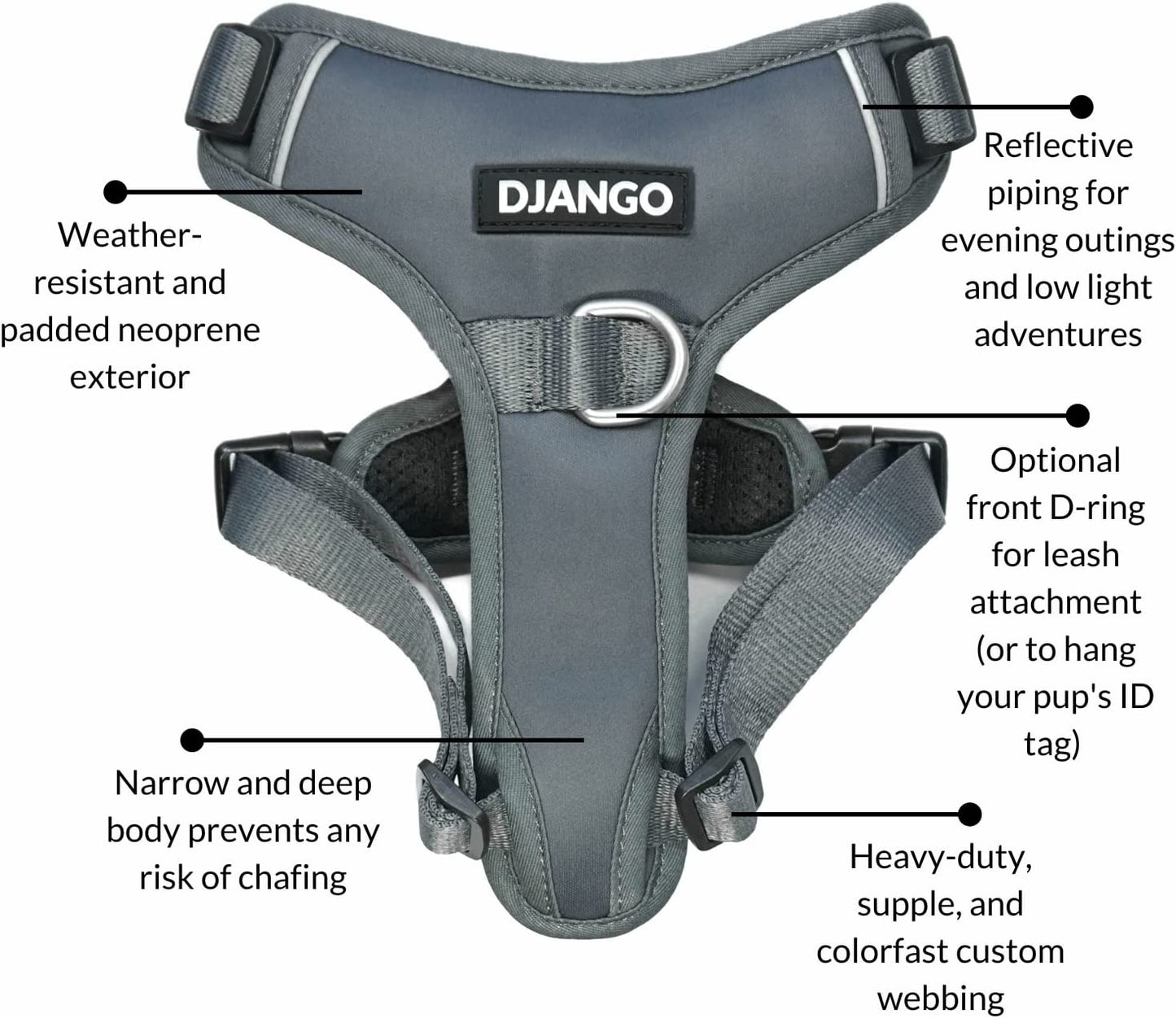 DJANGO Tahoe No Pull Dog Harness – Comfortable, Durable, and Padded Harness with Front and Back D-Rings and Reflective Piping – Adjustable and Secure Design for Everyday Use (Large, Poppy Seed Gray) Animals & Pet Supplies > Pet Supplies > Dog Supplies > Dog Apparel DJANGO   