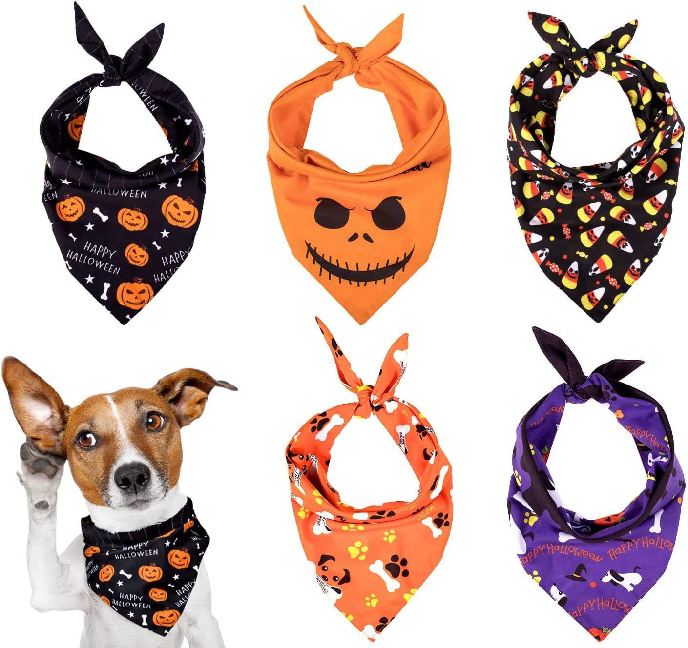 Whaline 5 Pack Halloween Dog Bandanas, Triangle Pet Scarfs Washable Pet Neckerchief Dog Bibs, Pumpkin, Ghost, Candy Corn and Bones Pet Bandanas Animals & Pet Supplies > Pet Supplies > Dog Supplies > Dog Apparel Whaline   