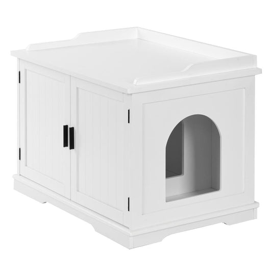 Easingroom Double-Door Wooden Cat Litter Box Enclosure Cabinet, Indoor Hidden Pet Crate Cat House Bench Furniture, White
