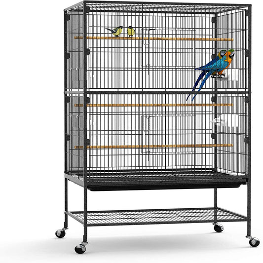 Dirunbf52-Inch Wrought Iron Flight Bird Parakeet Parrot Cage for Large Cockatiel, Canary, Finch, Lovebird, Parrotlet, Conure, Pigeons, African Grey Quaker, Birdcage with Rolling Stand