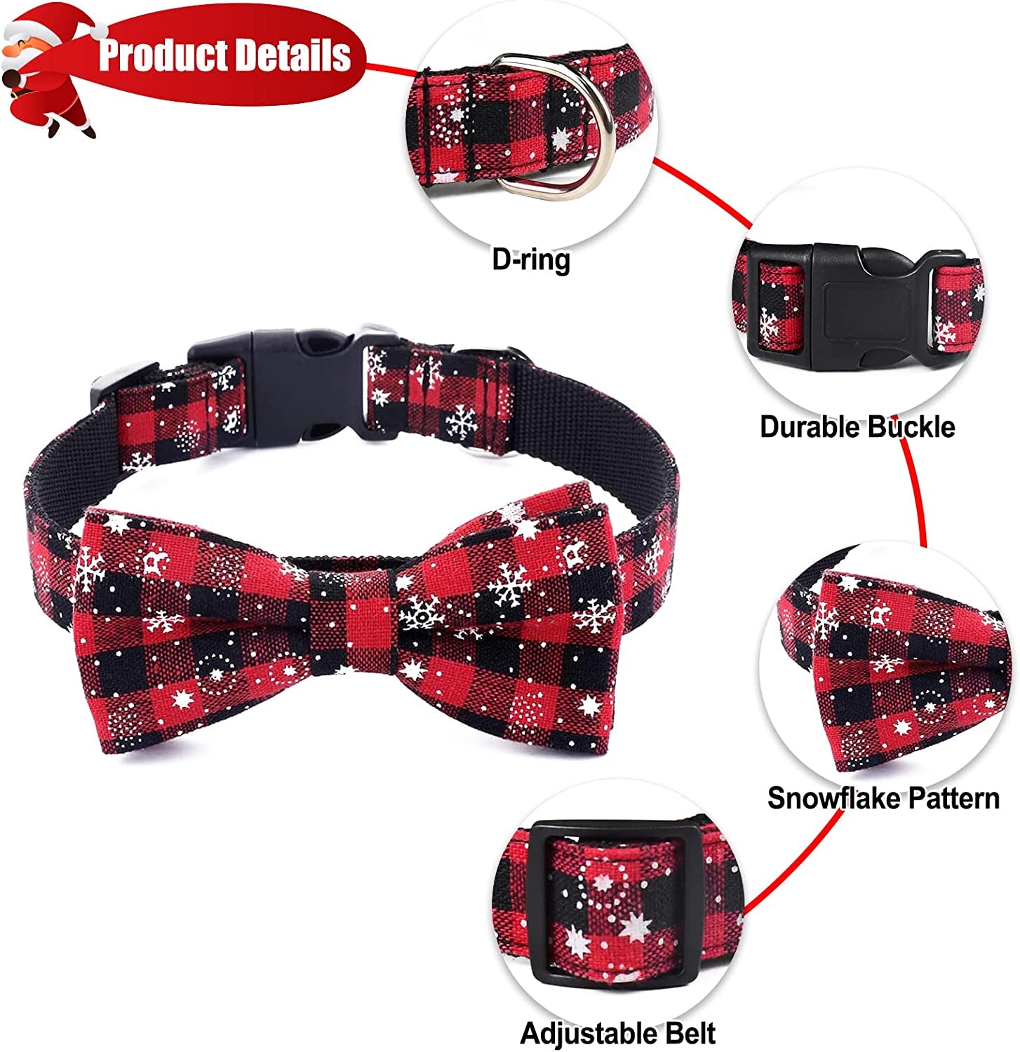 Malier 2 Pack Dog Collar with Bow Tie, Christmas Classic Plaid Snowflake Dog Collar with Light Adjustable Buckle Suitable for Small Medium Large Dogs Cats Pets (Large, Red + Green) Animals & Pet Supplies > Pet Supplies > Dog Supplies > Dog Apparel Malier   