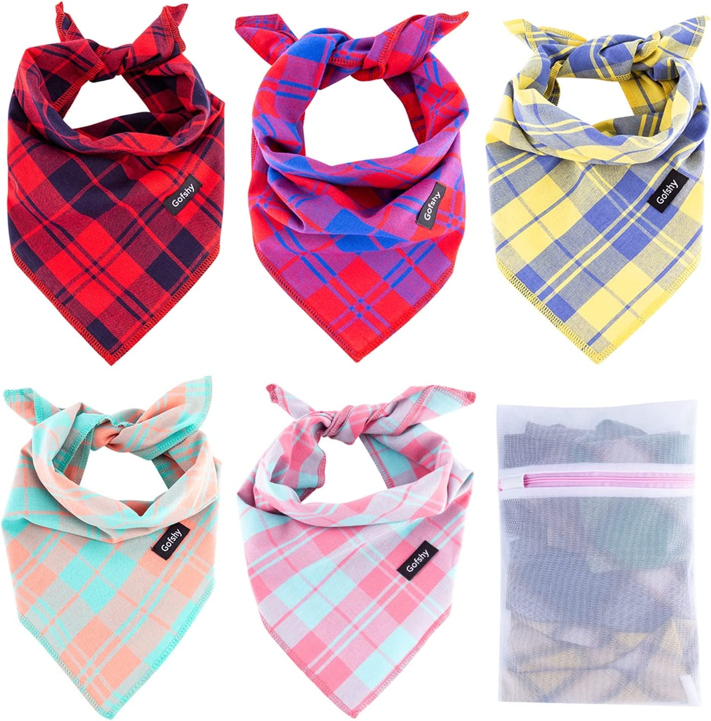 Gofshy Christmas Dog Bandanas-5Pcs Birthday Gift Puppy Bandana Vibrant Color Plaid Printing Adjustable Dog Scarf Bib Handkerchief Accessories for Small Medium Large Dog Cat (Bright)-M Animals & Pet Supplies > Pet Supplies > Dog Supplies > Dog Apparel Gofshy Red Orange Yellow Green Pink Medium 