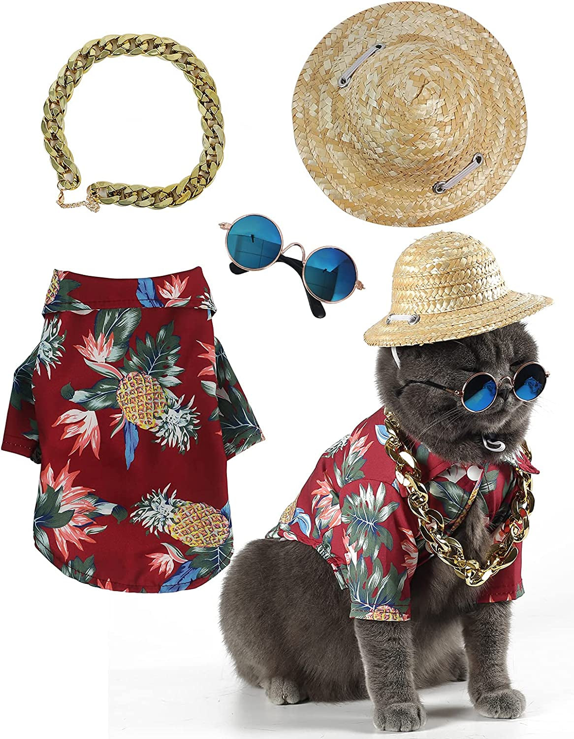 Impoosy Hawaiian Dog T Shirts Pet Summer Clothes Cat Sunglasses Funny Straw Hat Kitten Costumes with Gold Chain Collar (Large,Blue) Animals & Pet Supplies > Pet Supplies > Dog Supplies > Dog Apparel Impoosy Red Large (Neck:12.5"Bust:19.3") 