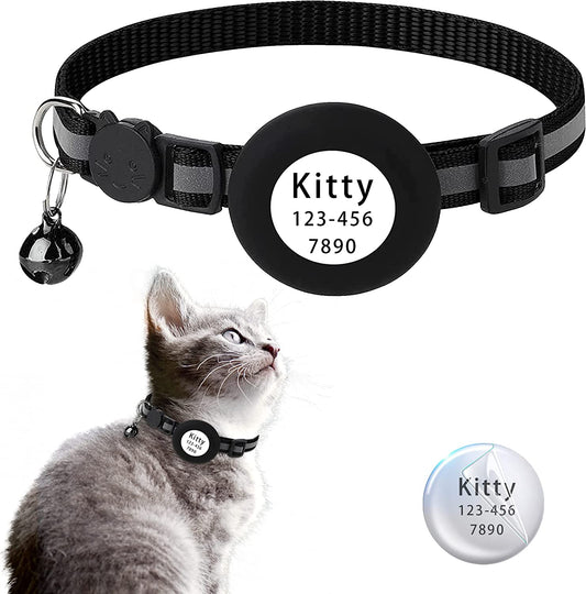 Airtag Cat Collar with Apple Airtag Holder, Safety Buckle, Bell in 3/8 Inch Reflective Lightweight Collar, DIY Pet ID with TPU Airtag Protector on Cute Air Tag Cat Collar Breakaway Electronics > GPS Accessories > GPS Cases LOVYONES Black-Wide Reflc  