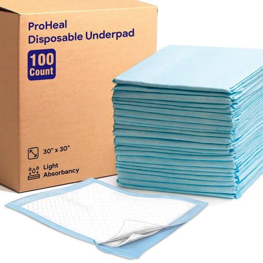 Proheal Disposable Light Absorbent Underpads (100 Pack) 30" X 30", Incontinence Chux Bed Pads Animals & Pet Supplies > Pet Supplies > Dog Supplies > Dog Diaper Pads & Liners ProHeal 100  