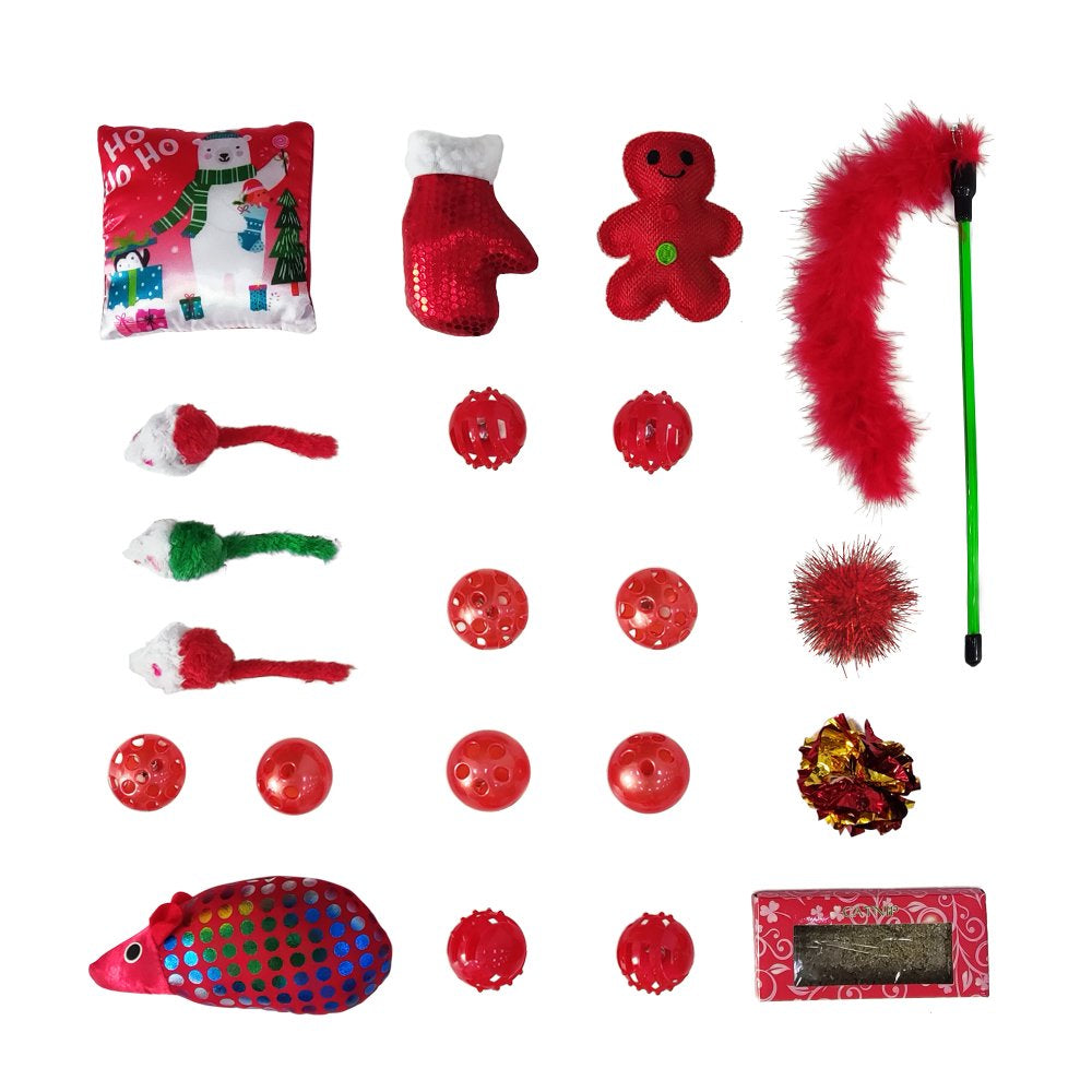 Vibrant Life Holiday 21 Piece Cat Toy Stocking Gift Set, Red