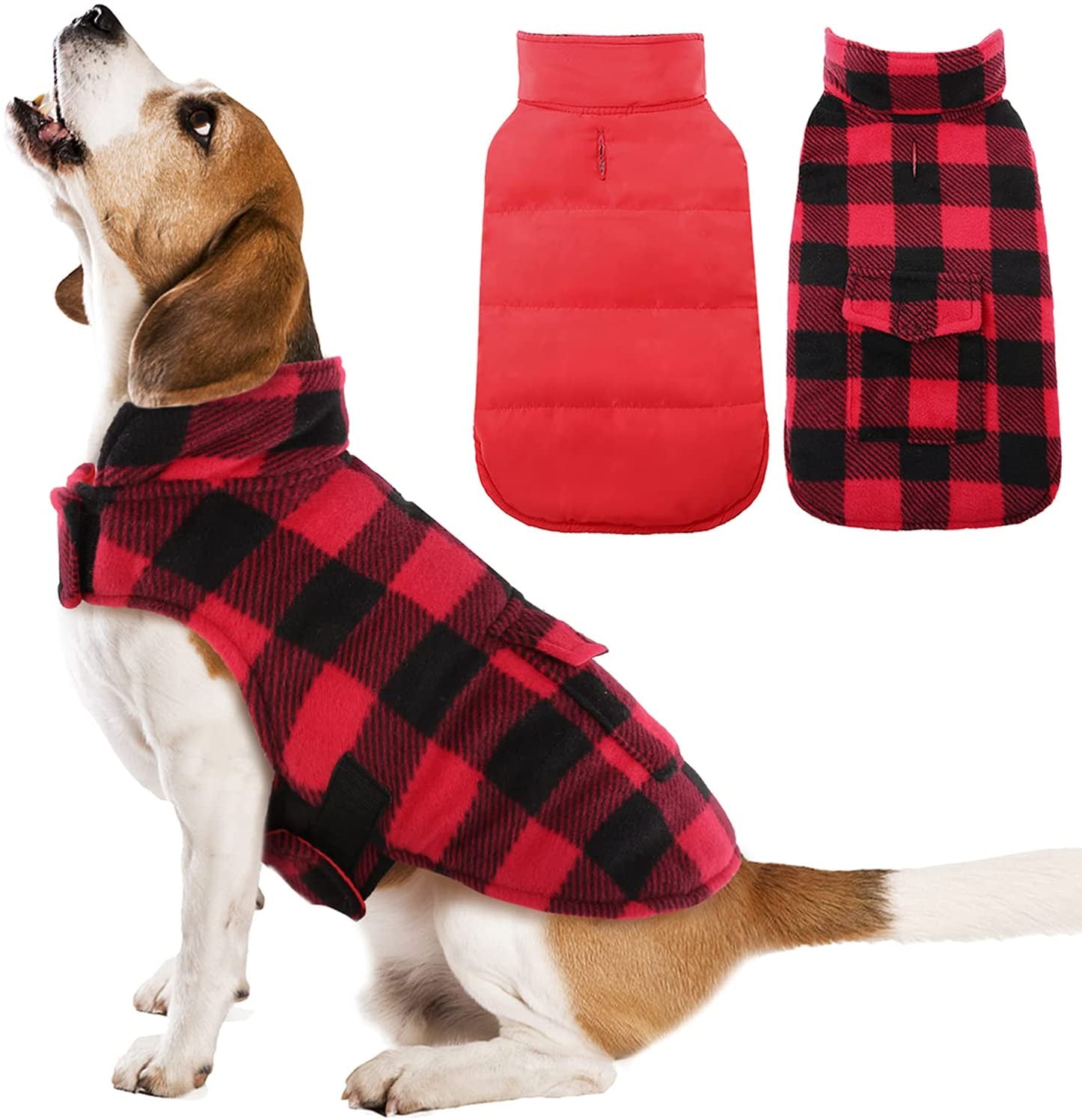 Kuoser Cozy Dog Winter Coat, Windproof Dog Jacket British Style Plaid Cold Weather Dog Coat Reversible Warm Dog Vest for Small Medium Large Dogs Red L Animals & Pet Supplies > Pet Supplies > Dog Supplies > Dog Apparel Kuoser Red X-Small (Chest Girth: 9.4-13.8'') 